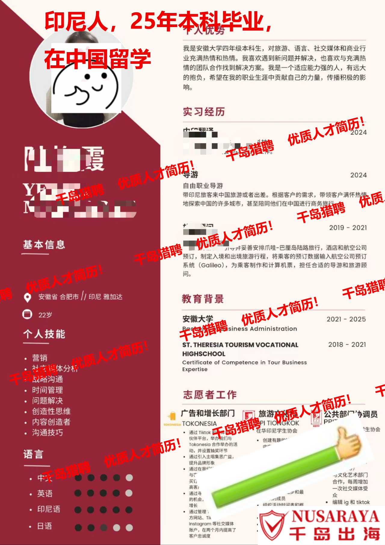 导游&媒体运营&翻译&中国留学&中英印尼日语4语